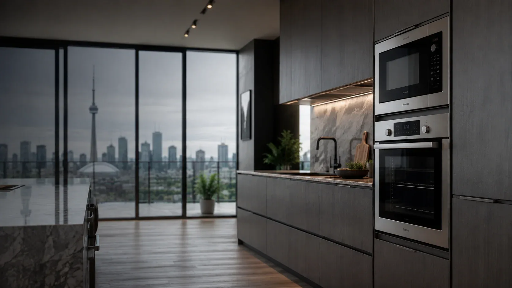Modern luxury kitchen interior with built-in stainless steel appliances